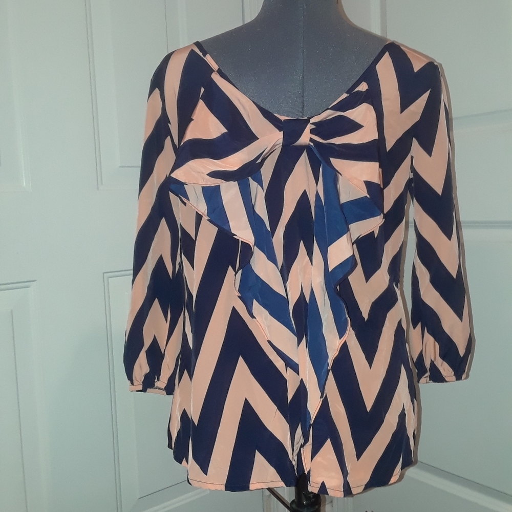 Moa Moa Blue & Peach‎ Chevron Bow Flowy Top - Picture 5 of 9
